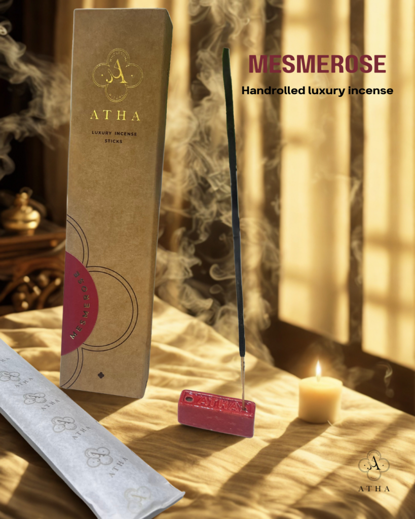 Atha MESMEROSE Rose Incense Stick Burning in Ceramic Holder