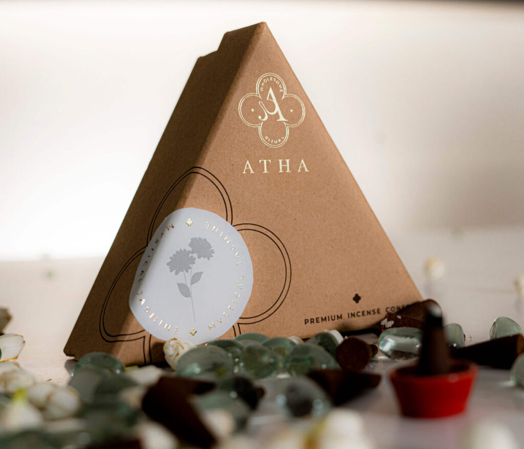 jasmine incense cones, floral incense, natural incense, essential oil incense, premium incense cones, calming aroma, chemical-free incense, Atha incense, mood-lifting incense