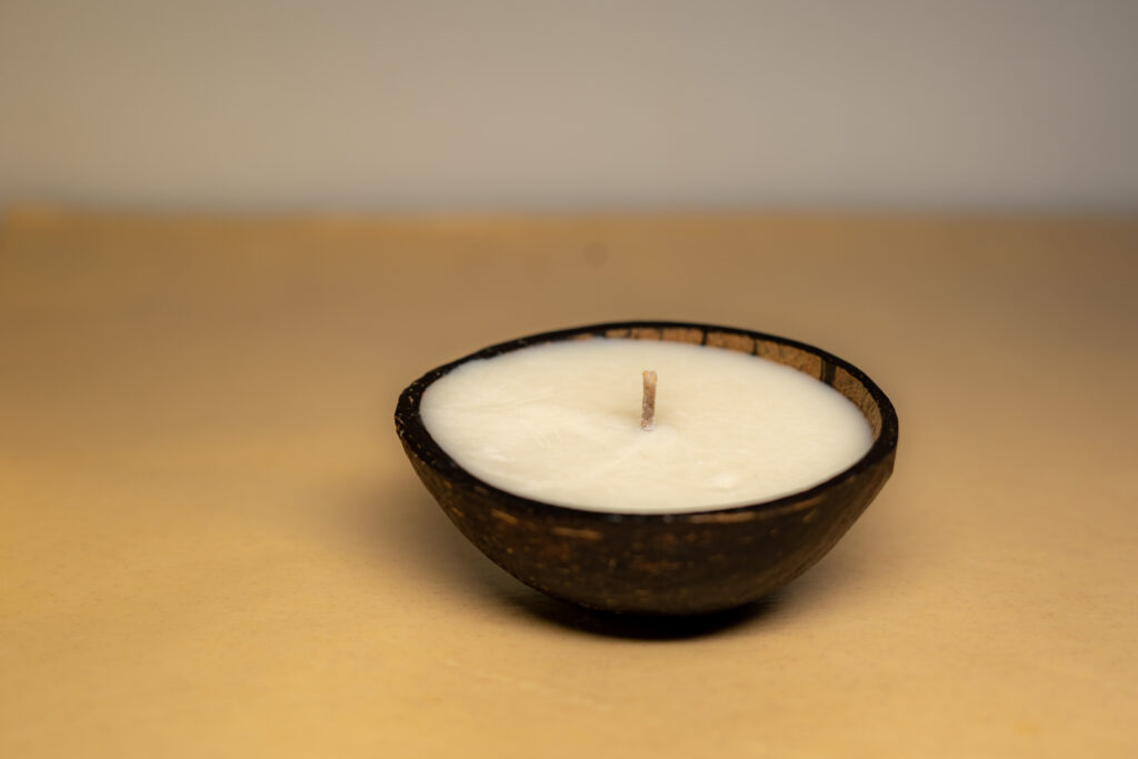 Lavender soy wax candle in eco-friendly coconut shell by Atha