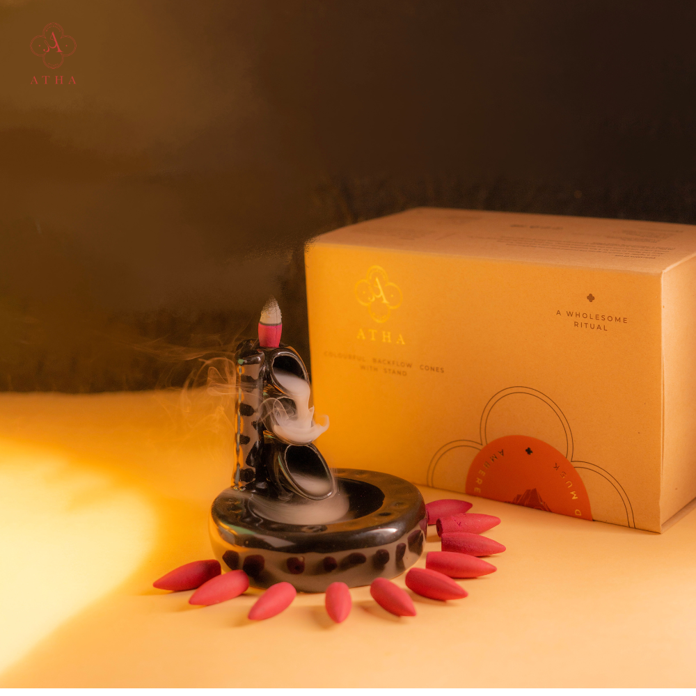Atha Ambered Musk backflow incense cones with ceramic waterfall incense burner
